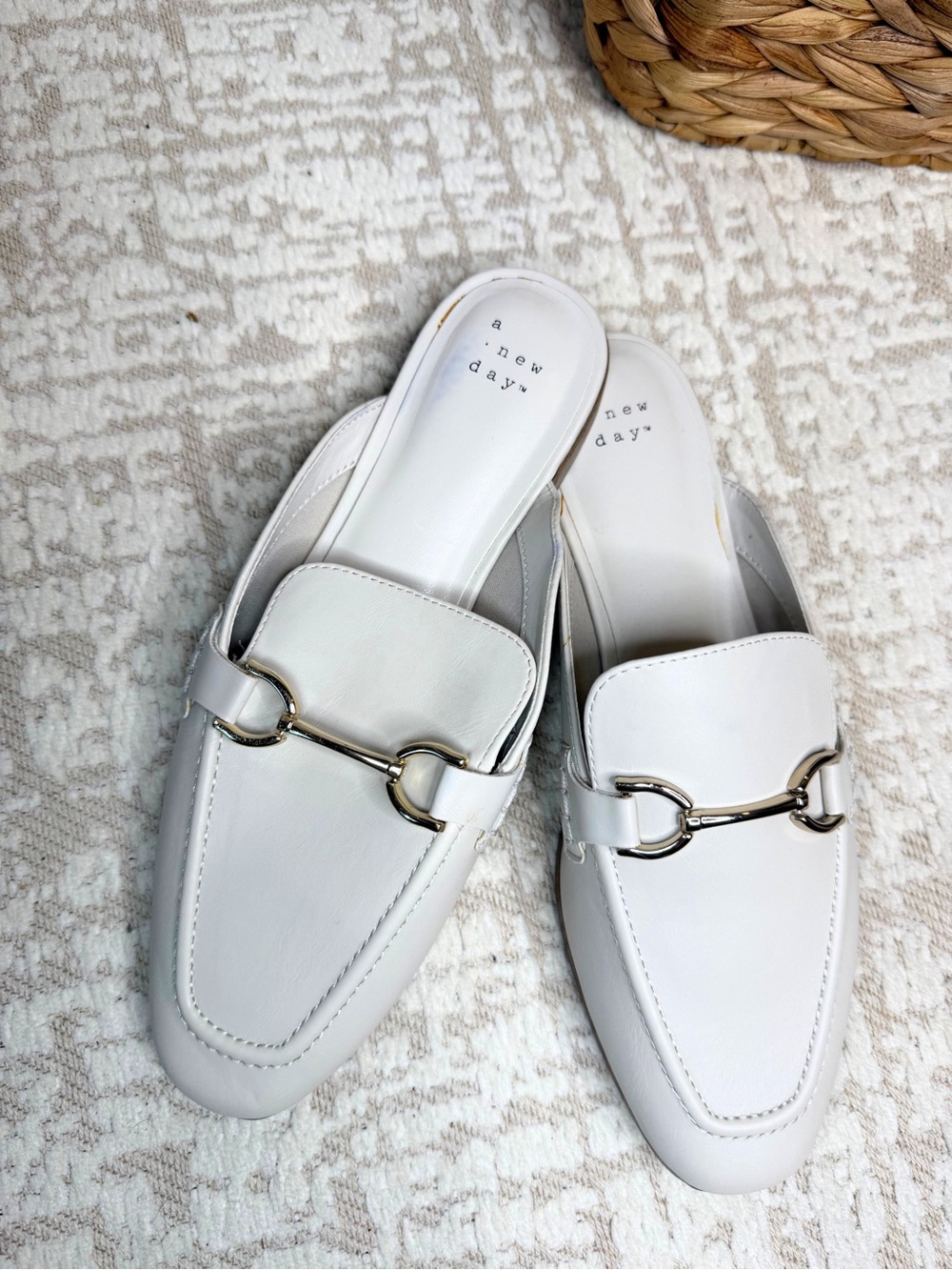 a new day White Slip-On Leather Mules with Gold Horsebit. Size 8